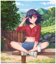 1girl ahoge artist_name bench between_legs black_hair blue_shorts blue_sky blush casual cloud collarbone commission crop_top cup dated day denim denim_shorts disposable_cup doomykiwi drawstring drink drinking_straw floating_hair foliage full_body gate grass grin hand_between_legs hand_up highres indian_style kill_la_kill kite lace-up light_blush looking_to_the_side matoi_ryuuko midriff mountain multicolored_hair nail_polish navel on_bench outdoors paw_print purple_eyes red_hair red_nails red_shirt shirt shoes short_hair short_shorts shorts sitting sky smile sneakers solo stone_wall streaked_hair tree two-tone_hair v wall white_shoes wind