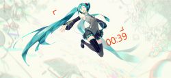 1girl 39 :d ^_^ armpits bare_shoulders black_skirt blue_hair blue_necktie chromatic_aberration closed_eyes clothes_lift commentary_request detached_sleeves female_focus floating_hair full_body grey_background grey_shirt happy_tears hatsune_miku headset highres jumping long_hair necktie open_mouth outstretched_arms shirt simple_background skirt sleeveless sleeveless_shirt smile solo star_(symbol) tears teeth thighhighs thighs twintails upper_teeth_only very_long_hair vocaloid yyb
