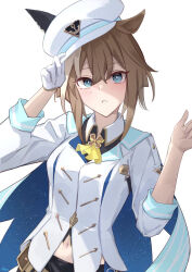 Rule 34 | 1girl, animal ears, ascot, blue eyes, breasts, brown hair, cape, cheval grand (umamusume), clothing cutout, commentary, ear covers, ears through headwear, gloves, hair between eyes, hat, hat belt, horse ears, horse girl, looking at viewer, medium breasts, multicolored hair, navel, navel cutout, navel peek, noa 82g, peaked cap, signature, simple background, single glove, solo, stomach cutout, streaked hair, umamusume, upper body, white background, white gloves, white hair, white hat, yellow ascot