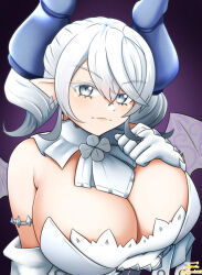 1girl absurdres arm_under_breasts armlet armpit_crease blush breasts closed_mouth demon_girl demon_horns demon_wings detached_collar dress duel_monster earrings gloves grey_hair hair_between_eyes highres horns huge_breasts jewelry large_breasts looking_at_viewer lovely_labrynth_of_the_silver_castle pointy_ears short_hair sigumaster35 smile solo strapless strapless_dress transparent_wings white_dress white_gloves wings yu-gi-oh!