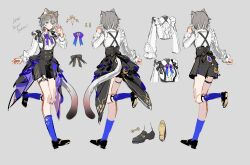 absurdres alternate_costume animal_ears black_bow black_shoes black_shorts blue_bow blue_bowtie blue_ribbon blue_socks bow bowtie cat_ears cat_girl cat_tail cipher_(honkai:_star_rail) concept_art frilled_shirt frilled_sleeves frills grape_(grapedraws) grey_hair highres honkai:_star_rail honkai_(series) jewelry kneehighs multicolored_hair ribbon running shirt shoes short_hair shorts socks streaked_hair suspender_shorts suspenders tail thigh_strap