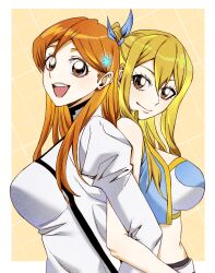 Rule 34 | 2girls, bare shoulders, belt, bleach, blonde hair, border, breasts, brown eyes, crossover, fairy tail, hair ornament, hairclip, highres, inoue orihime, large breasts, long hair, lucy heartfilia, multiple girls, n (nauki 11), open mouth, orange hair, simple background, smile, white border