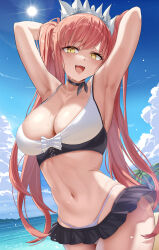 1girl absurdres alternate_breast_size armpits arms_behind_head arms_up bare_shoulders beach bikini bikini_skirt black_bikini black_choker black_skirt blue_sky breasts choker cleavage cloud collarbone commentary cowboy_shot crow019 day fate/grand_order fate_(series) hand_in_own_hair highres horizon large_breasts long_hair looking_at_viewer medb_(fate) medb_(swimsuit_saber)_(fate) medb_(swimsuit_saber)_(second_ascension)_(fate) microskirt multicolored_bikini navel ocean open_mouth outdoors palm_tree pink_hair skirt sky smile solo stomach string_bikini sun sweat swimsuit teeth tiara tree twintails two-tone_bikini upper_teeth_only white_bikini yellow_eyes