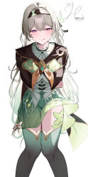 1girl absurdres aqua_dress aqua_skirt aqua_thighhighs arms_behind_back black_ribbon brown_hairband brown_jacket collared_dress cropped_jacket dress firefly_(honkai:_star_rail) gradient_hair grey_hair hair_between_eyes hair_intakes hair_ornament hair_ribbon hairband haneu_kaku highres honkai:_star_rail honkai_(series) jacket long_hair multicolored_hair neckerchief orange_neckerchief ribbon ribbon-trimmed_dress ribbon_trim signature simple_background skirt solo thighhighs tongue tongue_out white_background