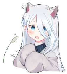 1girl animal_ears blue_eyes blush cat_ears cat_girl cat_teaser collared_shirt commentary_request cropped_torso ear_wiggle fang long_hair long_sleeves neko_oudon off_shoulder open_mouth project_sekai shirt skin_fang sleeves_past_fingers sleeves_past_wrists solo sweater turtleneck white_hair yoisaki_kanade