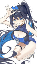 1girl aikoko1008 bare_shoulders blue_eyes blue_hair blue_one-piece_swimsuit bow breasts chain chain_hairband cleavage cleavage_cutout clothing_cutout colored_inner_hair commentary fingernails hair_intakes hand_on_headwear high_heel_sandals high_heels highres hololive hololive_english large_breasts long_hair multicolored_hair one-piece_swimsuit ouro_kronii ouro_kronii_(holonatsu_paradise) ponytail sandals simple_background smile squatting swimsuit symbol-only_commentary thigh_gap thigh_strap thighs very_long_hair virtual_youtuber white_background white_bow zipper
