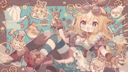 1girl :d apron asymmetrical_legwear blonde_hair blue_background blue_eyes blue_shorts blue_thighhighs blush boots border borrowed_character brown_boots brown_border brown_gloves brown_shirt brown_thighhighs chibi chibi_inset commentary commission double-parted_bangs frilled_apron frills full_body gears gloves goggles goggles_on_head hammer highres holding holding_wrench kamizakana_iriko long_hair looking_at_viewer mismatched_legwear nail_(hardware) open_mouth original outline outside_border shirt short_sleeves shorts skeb_commission smile striped_clothes striped_thighhighs sword_world_2.5 thick_eyebrows thighhighs waist_apron white_apron white_outline wrench