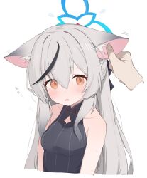 1girl animal_ear_fluff animal_ears black_dress black_hair black_ribbon blue_archive blue_halo blush breasts brown_eyes china_dress chinese_clothes collarbone dress embarrassed grabbing_another&#039;s_ear grey_hair hair_between_eyes hair_ribbon halo hand_on_another&#039;s_ear highres kokona_(blue_archive) long_hair looking_at_viewer multicolored_hair parted_lips ribbon simple_background small_breasts solo_focus streaked_hair tiger_ears tntl_nemui translated upper_body very_long_hair white_background