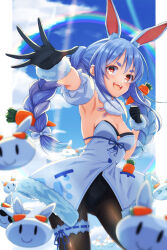Rule 34 | 1girl, animal ear fluff, animal ears, armpits, black gloves, black pantyhose, blue eyes, blue sky, blush, braid, breasts, carrot, cleavage, cloud, dress, frilled thigh strap, gloves, hair between eyes, highres, hololive, long hair, medium breasts, open mouth, orange eyes, pantyhose, pekomon (usada pekora), rabbit ears, rabbit girl, rainbow, sky, smile, strapless, strapless dress, sunlight, thigh strap, twin braids, usada pekora, virtual youtuber, white dress, yanu