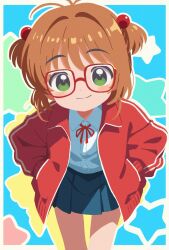 1girl antenna_hair blue_skirt border brown_hair cardcaptor_sakura closed_mouth commentary_request dress_shirt glasses green_eyes hair_bobbles hair_ornament hands_in_pockets highres jacket kinomoto_sakura leaning_forward long_sleeves looking_at_viewer medium_hair neck_ribbon open_clothes open_jacket outline red-framed_eyewear red_jacket red_ribbon ribbon shirt skirt smile solo takarai_shunsuke two_side_up white_border white_outline white_shirt
