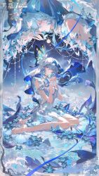1girl absurdres armlet bare_legs blue_hair blue_nails blue_veil breasts colored_eyelashes commentary_request dress hair_between_eyes heel-less_heels high_heel_sandals highres jewelry large_breasts legs logo long_hair looking_at_viewer multiple_views nail_polish official_art parted_lips purple_eyes sandals shorekeeper_(wuthering_waves) sitting sleeveless sleeveless_dress smusmuye steepled_fingers toenail_polish toenails toes two-tone_veil veil white_dress white_veil wuthering_waves yokozuwari