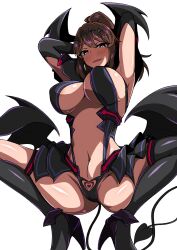 Rule 34 | 1girl, absurdres, aoi tabane, armpits, arms behind head, arms up, black wings, blush, boots, breasts, brown eyes, brown hair, commission, corruption, dark persona, demon girl, demon tail, demon wings, elbow gloves, gloves, head wings, heart, heart-shaped pupils, heart tattoo, high heel boots, high heels, highres, kouyoku senki exs-tia, large breasts, liberator (exs-tia), long hair, looking at viewer, low wings, navel, open mouth, original, pixiv commission, ponytail, pubic tattoo, revealing clothes, simple background, smile, solo, spread legs, squatting, symbol-shaped pupils, tail, tattoo, thigh boots, thighhighs, variant set, white background, wings