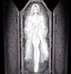 1boy alucard_(castlevania) black_background castlevania_(series) coat coffin commentary crossed_arms expressionless filigree full_body fur_coat greyscale highres kirkkafrr long_hair male_focus monochrome nude parted_bangs simple_background solo symbol-only_commentary very_long_hair