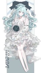 1girl absurdres alternate_costume anninufufu aqua_eyes aqua_hair blue_flower blush bouquet character_name commentary dress faruzan_(genshin_impact) fingerless_gloves fingernails flower full_body genshin_impact gloves hair_flower hair_ornament highres long_hair looking_at_viewer parted_lips shoes single_bare_shoulder solo symbol-only_commentary thighhighs twintails very_long_hair white_dress white_gloves white_shoes white_thighhighs