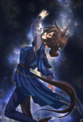 Rule 34 | 1girl, absurdres, animal ears, arm up, armpits, artist logo, black pants, blue dress, blue pants, breasts, brown hair, clothing cutout, color neko (user yfvc3323), commentary request, dress, ear ornament, from side, hair between eyes, hair bun, high heels, highres, horse ears, horse girl, horse tail, logo, long sleeves, medium breasts, multicolored hair, night, night sky, official alternate costume, official alternate hairstyle, open mouth, pants, see-through clothes, see-through sleeves, short hair, sirius symboli (louve stellaire) (umamusume), sirius symboli (umamusume), sky, smile, solo, standing, standing on one leg, star (sky), streaked hair, tail, tail through clothes, two-tone pants, umamusume, white hair
