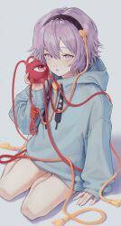 1girl absurdres adapted_costume barefoot black_hairband blue_hoodie casual grey_background hairband highres hood hoodie komeiji_satori looking_at_viewer no_pants purple_eyes purple_hair shadow sitting solo torinari_(dtvisu) touhou