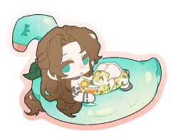 Rule 34 | 1girl, aerith gainsborough, aerith gainsborough (citric dress), armlet, border, bracelet, brown hair, chibi, chibi only, choker, dress, final fantasy, final fantasy vii, final fantasy vii ever crisis, food, food print, fruit, fruit print, green eyes, green ribbon, grey choker, hair ribbon, half updo, highres, jewelry, linerhan, long dress, looking at viewer, on innertube, orange (fruit), orange print, orange slice, parted bangs, pink border, print dress, ribbon, sandals, see-through clothes, see-through skirt, sidelocks, skirt, smile, solo, tropical drink, white background