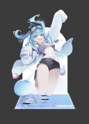 1girl ahoge arahashi_tabi arm_up bare_shoulders black_shorts blue_eyes blue_hair camisole crop_top crop_top_overhang dolphin_shorts drawstring goggles goggles_on_head grey_shirt heart heart_ahoge highres jacket leg_up long_hair looking_at_viewer midriff navel ness_(pjw0168) off_shoulder open_mouth pungdangi_(arahashi_tabi) shirt short_shorts shorts sleeveless sleeveless_shirt sleeves_past_fingers sleeves_past_wrists smile solo spaghetti_strap stellive stomach thighs twintails virtual_youtuber white_jacket