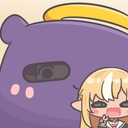 2girls absurdres black_choker blonde_hair blursed_jollibee_mascot_suit_(meme) chibi chibi_only choker halo hand_up highres hololive hololive_english long_hair looking_at_viewer meme mpien multicolored_hair multiple_girls ninomae_ina&#039;nis open_mouth orange_hair pointy_ears purple_hair shiranui_flare streaked_hair takodachi_(ninomae_ina&#039;nis) v virtual_youtuber white_hair yellow_halo