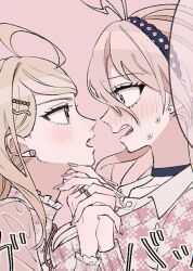 2girls ahoge akamatsu_kaede alternate_costume antenna_hair black_choker black_hairband blonde_hair blush choker collarbone danganronpa_(series) danganronpa_v3:_killing_harmony earrings eye_contact frills hair_between_eyes hair_ornament hairband hairclip iruma_miu jacket jewelry long_hair looking_at_another multiple_girls nail_polish pink_nails plaid_clothes plaid_jacket ribbon ring shimaya teeth tongue yuri