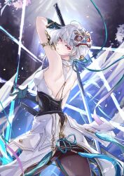 1girl absurdres aqua_gloves back bare_shoulders black_pantyhose black_skirt bodice breasts closed_mouth commentary_request cowboy_shot from_behind gloves hand_up highres holding holding_sword holding_weapon mask mask_on_head medium_breasts mole_beside_mouth official_alternate_costume pantyhose partial_commentary red_eyes sanhua_(exorcistic_adjuration)_(wuthering_waves) sanhua_(wuthering_waves) skirt solo sword unsheathed vardan weapon wuthering_waves