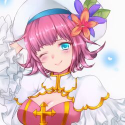 Rule 34 | 1girl, arch bishop (ragnarok online), blue eyes, blush, breasts, cleavage, cleavage cutout, closed mouth, clothing cutout, commentary, cross, dress, flipped hair, flower, frilled dress, frilled sleeves, frills, hand on headwear, hat, hat flower, hat ornament, large breasts, leaf hat ornament, looking at viewer, one eye closed, pink hair, purple flower, ragnarok online, red flower, shirokuro (erisnoa), short hair, simple background, smile, solo, symbol-only commentary, tam (ragnarok online), two-tone dress, upper body, white background, white dress, white hat