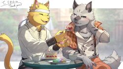 2boys animal_ears black_sclera blush cake cat_boy cat_ears cat_tail claws closed_eyes colored_sclera commentary_request commission cup facing_another food fork furry furry_male headband heterochromia highres holding holding_fork lanteveldt looking_at_another looking_at_viewer macaron male_focus multiple_boys niehime_to_kemono_no_ou open_mouth original pawpads ponzu_tas skeb_commission smile tail teacup thank_you whiskers