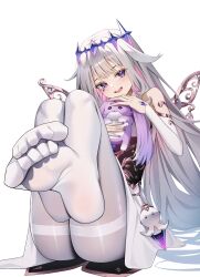 1girl absurdres aspih_sp blush breasts colored_inner_hair feet foot_focus geow_(koseki_bijou) grey_hair hair_flaps hand_jewel highres hololive hololive_english jewel_under_eye koseki_bijou koseki_bijou_(1st_costume) looking_at_viewer metal_wings multicolored_hair nail_polish open_mouth pantyhose pink_hair purple_eyes purple_nails sidelocks small_breasts smile soles solo virtual_youtuber white_background white_pantyhose