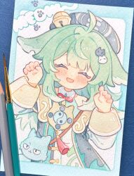 Rule 34 | 1girl, :d, ^ ^, ahoge, animal ears, art tools in frame, bag, bell, black hat, blush, closed eyes, dress, facing viewer, fox ears, fox girl, green hair, hair bell, hair ornament, hands up, hat, highres, honkai: star rail, honkai (series), huohuo (honkai: star rail), long hair, long sleeves, nasuke, open mouth, paw pose, shoulder bag, smile, solo, stuffed animal, stuffed cat, stuffed toy, traditional media, upper body, white dress