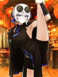 1girl bare_shoulders bike_shorts black_dress black_gloves black_shorts blue_eyes breasts china_dress chinese_clothes dress eyewear_on_head faust_(project_moon) gloves hair_between_eyes highres large_breasts limbus_company long_hair looking_at_viewer manli project_moon shorts solo sunglasses thighs white_hair