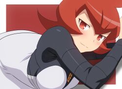 1girl blush border closed_mouth commentary curakuru dress hair_between_eyes logo long_sleeves looking_at_viewer mars_(pokemon) nintendo outside_border pokemon pokemon_dppt red_background red_eyes red_hair short_hair smile solo split_mouth team_galactic team_galactic_uniform white_border