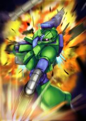 explosion gundam mecha mobile_suit_gundam no_humans right_bolt robot zaku zaku_i