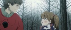 1boy 1girl aged_down aida_kensuke beard blush brown_hair coat cold crying evangelion:_3.0+1.0_thrice_upon_a_time face-to-face facial_hair forest glasses grin hair_between_eyes hair_bobbles hair_ornament khara_(animation_studio) looking_at_another nature neon_genesis_evangelion rebuild_of_evangelion sad scarf sitting smile snow souryuu_asuka_langley tears third-party_edit tree twintails
