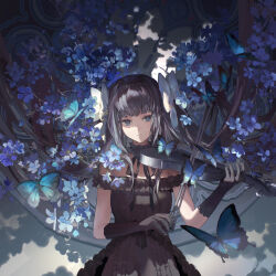 1girl arcaea artist_name bare_shoulders black_bow black_dress black_gloves black_hair blue_butterfly blue_eyes blue_flower bow bug butterfly closed_mouth collar commentary dress elbow_gloves expressionless flower frilled_collar frilled_dress frills gloves hair_bow highres holding holding_instrument holding_violin insect instrument lobelia_(saclia) long_hair looking_at_viewer off-shoulder_dress off_shoulder signature solo standing tairitsu_(arcaea) tairitsu_(violin)_(arcaea) two_side_up upper_body violin white_bow
