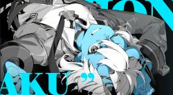 Rule 34 | 1boy, 1girl, absurdres, black background, black choker, black eyes, blue horns, blue skin, choker, collared shirt, colored skin, grey eyes, grey jacket, grin, highres, horns, jacket, long sleeves, looking at viewer, lying, male focus, mindscape cinema (zenless zone zero), official art, on back, one eye closed, pointy ears, resized, shirt, short hair, smile, solo, soukaku (zenless zone zero), third-party edit, upper body, upscaled, white hair, white shirt, zenless zone zero