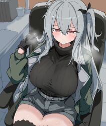Rule 34 | 1girl, arknights, black gloves, black sweater, blush, breasts, chair, closed mouth, gloves, green jacket, grey hair, grey shorts, hair between eyes, highres, indoors, jacket, large breasts, long hair, long sleeves, looking at viewer, on chair, open clothes, open jacket, rainyghostdance (migumo), red eyes, shorts, sitting, skadi (arknights), skadi (the next afternoon tea) (arknights), solo, sweat, sweater, thighhighs