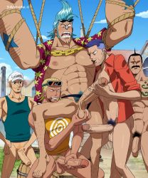 5boys abs absurdres anime_coloring arm_hair bara bare_pectorals beard black_male_underwear blush bottomless bound bound_arms briefs burankoprn chain chest_tattoo clothing_aside completely_nude erection eyewear_on_head facial_hair flaccid foreskin franky_(one_piece) group_sex highres huge_penis iceburg kaku_(one_piece) large_pectorals leg_hair long_nose male_focus male_pubic_hair male_underwear male_underwear_aside mature_male mmm_threesome multiple_boys muscular muscular_male mustache naked_shirt navel navel_hair nipples nude one_piece paulie_(one_piece) pectorals peeply_lulu penis pubic_hair shirt short_hair sideburns stomach stubble sucking_male_nipple sunglasses tattoo testicle_grab threesome uncensored underwear veins veiny_penis yaoi