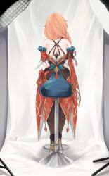 absurdres alternate_hairstyle bar_stool braid foxie30 from_behind guinaifen_(honkai:_star_rail) highres honkai:_star_rail honkai_(series) leggings long_hair orange_hair photo_shoot single_braid sitting stool very_long_hair
