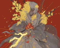 1girl camellia clenched_teeth coat cowboy_shot dongbaek_(project_moon) dz_4589 e.g.o_(project_moon) flower golden_bough_(limbus_company) hair_flower hair_ornament hanbok limbus_company project_moon red_background red_flower short_hair sidelocks simple_background solo spicebush_(e.g.o) teeth white_coat white_hair white_hanbok wings yellow_eyes yellow_flower
