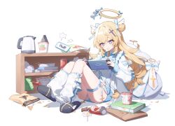 1girl absurdres angel black_slippers blonde_hair blue_eyes blue_skirt book cross_hair_ornament cup_ramen double_bun food_in_mouth full_body hair_bun hair_ornament halo highres leg_warmers long_hair long_sleeves looking_at_object mouth_hold original panties shirt simple_background sitting skirt slippers socks solo sparkling_eyes taiyaki12 underwear unworn_slippers white_background white_leg_warmers white_shirt white_socks