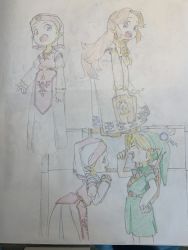 1boy 1girl blonde_hair blue_eyes brown_hair child colored_pencil_(medium) dress dual_persona green_hood highres icy jewelry link long_hair malon navi nintendo open_mouth pointy_ears princess_zelda short_hair the_legend_of_zelda the_legend_of_zelda:_ocarina_of_time traditional_media triforce triforce_print tunic white_dress young_link young_zelda