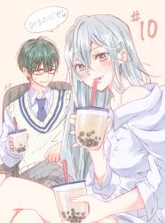 1boy 1girl blue_eyes blue_necktie bubble_tea character_request collared_shirt glasses green_hair haruma_yamazaki highres long_hair looking_at_viewer necktie shirt short_hair sitting sweater_vest white_hair white_shirt white_sweater_vest yamada-kun_to_7-nin_no_majo yoshikawa_miki
