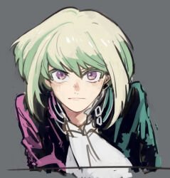 1boy androgynous ascot black_jacket closed_mouth commentary_request green_hair grey_background jacket lio_fotia looking_at_viewer male_focus open_clothes open_jacket promare purple_eyes simple_background solo upper_body white_ascot yukikotonoha