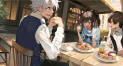 1girl 2boys absurdres alina_clover ashley_(girumasu) black_hair black_pants black_vest blue_dress blue_eyes blue_vest blueberry blush cake coffee dessert dress dress_shirt eating food fork frills fruit gaou_(umaiyo_puyoman) guild_no_uketsukejou_desu_ga_zangyou_wa_iya_nanode_boss_wo_solo_toubatsu_shiyou_to_omoimasu happy highres holding holding_fork jade_scrade long_hair multiple_boys novel_illustration official_art open_mouth outdoors own_hands_together pants shirt sitting starbucks strawberry table vest white_hair white_shirt