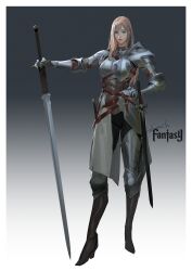 Rule 34 | 1girl, absurdres, armor, blonde hair, blue eyes, fantasy, full body, high heels, highres, holding, holding sword, holding weapon, long hair, medieval, original, plate armor, shoulder armor, signature, simple background, solo, sonech, sword, weapon, white background, zweihander