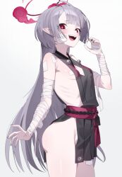 1girl absurdres ass bandaged_arm bandaged_hand bandages bandaid bandaids_on_nipples bell black_nails blue_archive ddog fang flat_chest gauze gauze_on_cheek gauze_on_face grey_hair halo highres jingle_bell long_hair looking_at_viewer no_bra no_panties open_mouth pasties pointy_ears red_eyes red_halo shuro_(blue_archive) sideless_dress sideless_kimono sideless_outfit simple_background thick_thighs thighs white_background