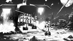 6+others armor army arrow_(projectile) arrow_in_armor asteroid chainmail commentary energy_gun english_commentary firing gogalking greyscale gun hand_up highres holding holding_gun holding_shield holding_sword holding_weapon landing marijuana monochrome multiple_others original people planet segway self-balancing_scooter shield space spacecraft sword tabard templar weapon what