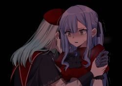 2girls ascot bang_dream! bang_dream!_it&#039;s_mygo!!!!! beret black_ascot black_background black_capelet black_ribbon blue_brooch blue_hair bucishiro capelet commentary_request green_hair hair_ribbon hat highres holding_hands indonesian_commentary long_hair long_sleeves mortis_(bang_dream!) multiple_girls oblivionis_(bang_dream!) open_mouth red_hat red_shirt ribbon see-through_clothes see-through_sleeves shade shirt sidelocks simple_background sweat teeth togawa_sakiko two_side_up upper_body upper_teeth_only wakaba_mutsumi yellow_eyes yuri