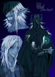 1boy baldur&#039;s_gate baldur&#039;s_gate_3 blue_skin candle chinese_clothes colored_skin dark_elf dungeons_&amp;_dragons dungeons_&amp;_dragons elf gev guan_hat hanfu long_hair mian_guan multiple_views pointy_ears red_eyes robe vampire vellioth white_hair