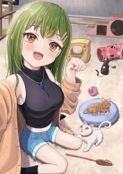 1girl :d alt_text alternate_costume arm_up armpits asumi_dori bare_shoulders black_cat black_socks blue_shorts blush breasts brown_cardigan brown_cat brown_eyes cardigan casual cat cat_teaser commentary_request fang foreshortening green_hair hair_ornament hairclip hand_up indoors jewelry large_breasts link!_like!_love_live! looking_at_viewer love_live! midriff multiple_cats necklace off_shoulder ogami_sachi open_cardigan open_clothes open_mouth parallel_hairclips paw_pose pink_eyes selfie short_shorts shorts sitting sleeveless sleeveless_sweater smile socks sweater turtleneck turtleneck_sweater wariza white_cat